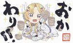  1girl :q armor armored_dress blonde_hair blue_ribbon blush bowl cape chibi chopsticks cowboy_shot dogmatika_ecclesia_the_virtuous duel_monster facial_mark food food_on_face forehead_mark gauntlets greaves grey_eyes hair_ornament headgear ribbon rice rice_bowl rice_on_face second-party_source tongue tongue_out totatokeke yu-gi-oh! 