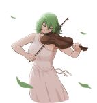  1girl bare_shoulders breasts closed_eyes cowboy_shot dress english_commentary eyebrows_visible_through_hair green_hair highres instrument kazami_yuuka leaves_in_wind mata_(matasoup) music peplos playing_instrument simple_background single_strap solo touhou violin white_background white_dress 