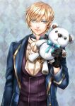  1boy aiguillette argyle argyle_background arm_at_side ascot bangs black_gloves blonde_hair blue_background blue_coat blue_eyes closed_mouth coat dr. gloves hand_up holding holding_stuffed_toy ikemen_ooku lips long_sleeves looking_at_viewer louis_howard male_focus mole mole_under_eye non-web_source smile solo stuffed_animal stuffed_toy swept_bangs teddy_bear upper_body vest white_ascot 