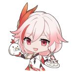  1girl :d bangs bare_shoulders bird brown_gloves chibi chick china_dress chinese_clothes dress elbow_gloves fu_hua fu_hua_(phoenix) gloves hair_ornament holding holding_plate honkai_(series) honkai_impact_3rd long_hair looking_at_viewer multicolored_hair open_mouth plate ponytail red_eyes red_gloves redhead simple_background sleeveless sleeveless_dress smile solo streaked_hair white_background white_dress white_hair yanwoshiro15360 