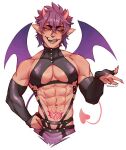  1boy abs dark-skinned_male dark_skin demon_boy demon_horns demon_tail demon_wings fangs fingerless_gloves gloves heart highres horns looking_at_viewer morvay_(nu_carnival) muscular muscular_male nail_polish nu_carnival pointy_ears revealing_clothes shweenus smirk tail tattoo tongue tongue_out white_background wings 