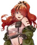  1girl :d bandeau bangs bare_shoulders black_gloves black_hair breasts commentary_request fingerless_gloves gloves green_jacket gun hair_over_one_eye handgun highres holding holding_gun holding_weapon jacket lain_paterson large_breasts long_hair long_sleeves looking_at_viewer midriff multicolored_hair navel nijisanji off_shoulder open_clothes open_jacket open_mouth pistol pouch redhead simple_background smile solo stomach strapless streaked_hair suspenders toto_(chocototo23) tube_top upper_body violet_eyes weapon white_background 