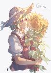  1girl absurdres ascot collared_shirt commentary cropped_torso eyebrows_behind_hair flower frilled_shirt_collar frills green_hair hand_up hat hat_ribbon highres holding holding_flower kazami_yuuka leaf light_blush looking_at_flowers parted_lips puffy_short_sleeves puffy_sleeves qi_zhong_ji red_eyes red_skirt red_vest ribbon shirt short_hair short_sleeves signature simple_background skirt skirt_set solo straw_hat sunflower touhou vest white_background white_ribbon white_shirt yellow_ascot 