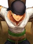  1boy bandana black_bandana bound commentary_request earrings glaring green_eyes green_hair highres jewelry looking_at_viewer oekakiboya one_piece roronoa_zoro serious shirt short_hair solo standing tied_up_(nonsexual) white_shirt 