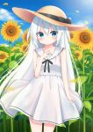  1girl bangs black_bow blue_eyes blue_sky bow brown_headwear closed_mouth clouds dress eyebrows_visible_through_hair feet_out_of_frame field flower flower_field hat hat_bow highres isoroku_(isrk) long_hair looking_at_viewer original outdoors sailor_dress sky sleeveless solo standing sunflower white_dress white_hair 