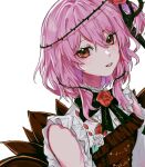  1girl bad_id bad_twitter_id bangs blush breasts clothing_cutout dress eyebrows_behind_hair flower from_side hair_flower hair_ornament head_tilt highres looking_at_viewer mei_(adomanju) nijisanji nijisanji_en parted_lips pink_hair plant red_dress red_flower red_rose rose rosemi_lovelock short_sidetail shoulder_cutout small_breasts solo thorns upper_body vines virtual_youtuber white_background 