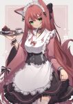  1girl absurdres animal_ears apron bangs black_bow bow breasts cake chocolate_cake choker closed_mouth corset cropped_legs cup desert dress food fox_ears frilled_apron frilled_cuffs frilled_dress frills fruit garter_straps green_eyes hair_bow half_updo heart heart_choker highres hinata_(user_rjkt4745) holding holding_tray japanese_clothes jewelry kimono long_hair looking_at_viewer maid_apron maid_headdress medium_breasts original red_kimono redhead ring skirt_hold smile solo strawberry tea teacup thigh-highs tray very_long_hair wa_maid white_apron white_legwear wide_sleeves wrist_cuffs 