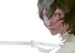  1boy absurdres arjuna_(fate) bangs black_hair blood blood_on_face commentary dark-skinned_male dark_skin fate/grand_order fate_(series) gloves hair_between_eyes highres holding male_focus open_mouth short_hair siyemmm solo white_gloves 