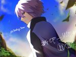  0roshioji3ran 1boy bangs blurry closed_mouth clouds commentary_request day frown highres jacket leaves_in_wind looking_back male_focus outdoors paul_(pokemon) pokemon pokemon_(anime) pokemon_dppt_(anime) purple_hair short_hair sky solo split_mouth twitter_username 