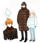  1girl 2boys alternate_costume bangs baymax big_hero_6 black_coat black_hair blonde_hair blue_eyes brown_coat brown_hair coat flower genshin_impact gradient_hair hair_between_eyes hair_flower hair_ornament long_sleeves lumine_(genshin_impact) multicolored_hair multiple_boys orange_hair pants red_sweater sbs scarf short_hair_with_long_locks simple_background standing sweater tartaglia_(genshin_impact) translation_request white_background white_coat white_scarf zhongli_(genshin_impact) 