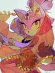  1girl absurdres animal_nose arabian_clothes armlet blaze_the_cat bracelet breasts c52278 cat_girl furry furry_female gold highres jewelry light_smile looking_at_viewer orange_eyes ring simple_background small_breasts solo sonic_(series) tail tiara twitter_username veil 