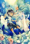  1boy air_bubble black_hair blue_theme bubble character_request commentary_request day full_body highres looking_at_another ocean outdoors pokemon solo_focus submerged swimming underwater water yamanashi_taiki 