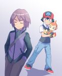  2boys ash_ketchum backpack bag bangs black_hair chimchar closed_eyes closed_mouth commentary_request fingerless_gloves gloves grey_bag hands_in_pockets hat highres holding holding_pokemon jacket male_focus mei_(maysroom) multiple_boys pants parted_lips paul_(pokemon) pokemon pokemon_(anime) pokemon_(creature) pokemon_dppt_(anime) purple_hair red_headwear shirt shoes short_hair short_sleeves 