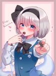  1girl artist_name bangs black_bow black_hairband black_ribbon blue_eyes blush bob_cut bow chocolate collared_shirt commentary_request eating english_text eyebrows_visible_through_hair food giving green_vest hair_ribbon hairband happy_valentine heart highres hitodama_print holding holding_food konpaku_youmu konpaku_youmu_(ghost) long_sleeves looking_at_viewer notice_lines otowa_(otoha4634) partial_commentary ribbon shirt short_hair signature silver_hair solo touhou valentine vest white_shirt 