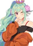  1girl alternate_costume bad_id bad_twitter_id black_shirt blush collarbone finana_ryugu flower green_hair hair_flower hair_ornament head_fins heart long_hair mei_(adomanju) nijisanji nijisanji_en off-shoulder_shirt off_shoulder one_eye_closed orange_sweater ponytail purple_flower shirt solo sweater upper_body very_long_hair violet_eyes virtual_youtuber white_background 