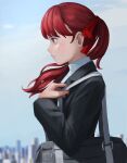  1girl absurdres bag bangs black_jacket blue_sky blurry blurry_background closed_mouth commentary day from_side hair_ribbon hand_up highres jacket long_hair long_sleeves nemo_ringo outdoors persona persona_5 persona_5_the_royal ponytail profile red_eyes red_ribbon redhead ribbon school_bag school_uniform shirt shoulder_bag sky skyline solo symbol-only_commentary upper_body white_shirt yoshizawa_kasumi 