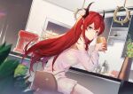  1girl arknights bangs bare_shoulders blurry blurry_foreground closed_mouth cup depth_of_field eyebrows_visible_through_hair flower food gogatsu_fukuin hair_between_eyes hands_up holding horns indoors lofter_username long_sleeves mug off_shoulder plate puffy_long_sleeves puffy_sleeves redhead shirt short_shorts shorts sitting solo stool surtr_(arknights) twitter_username violet_eyes watermark weibo_username white_flower white_shirt white_shorts 