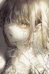  1girl absurdres bangs blonde_hair dress eyebrows_visible_through_hair hair_between_eyes highres ind_(121) looking_at_viewer looking_to_the_side monochrome open_mouth original portrait scratches sepia short_hair solo yellow_eyes 