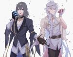  2boys aiguillette belt bishounen black_gloves black_hair black_pants blue_eyes blue_flower blue_rose braid closed_mouth cowboy_shot fate/grand_order fate_(series) flower gloves hair_over_shoulder head_wreath highres holding holding_flower legs_apart legs_together long_hair looking_at_viewer male_focus merlin_(fate) merlin_(overnight_dream)_(fate) monimn_n multiple_boys oberon_(fate) oberon_(overnight_dream)_(fate) official_alternate_costume open_mouth pants petals red_flower red_rose rose shirt simple_background smile standing symmetry violet_eyes white_background white_gloves white_hair white_shirt 