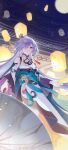 1girl absurdres architecture bangs black_hair blue_eyes china_dress chinese_clothes closed_mouth dress east_asian_architecture fu_hua fu_hua_(azure_empyrea) hair_ornament hair_over_one_eye highres holding holding_umbrella honkai_(series) honkai_impact_3rd lantern long_hair long_sleeves looking_at_viewer night night_sky oil-paper_umbrella paper_lantern ponytail sky umbrella white_dress yanwoshiro15360 