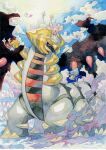  azelf blue_sky chimecho clouds cloudy_sky commentary_request day full_body giratina giratina_(altered) highres looking_at_another mesprit no_humans outdoors pokemon pokemon_(creature) simple_background sky standing sunlight twitter_username uxie watermark wings yamanashi_taiki 