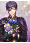  1boy aiguillette bangs black_gloves blue_flower box cape dated dr. earrings eyepatch flower gift gift_box gloves hair_between_eyes happy_birthday holding holding_flower holding_gift ikemen_ooku jewelry letterboxed long_sleeves looking_at_viewer male_focus non-web_source purple_cape purple_hair single_earring smile solo upper_body violet_eyes xeno_gerald 