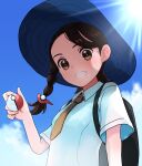  1girl absurdres aiueo_otoko black_hair blue_headwear blue_sky braid brown_eyes brown_necktie clouds collared_shirt female_protagonist_(pokemon_sv) from_below grin hat highres holding holding_poke_ball necktie poke_ball pokemon pokemon_(game) pokemon_sv shiny shiny_hair shirt short_sleeves single_braid sky smile solo sun_hat sunlight upper_body white_shirt wing_collar 