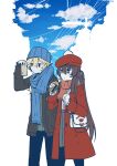  1boy 1girl absurdres aether_(genshin_impact) alternate_costume alternate_hairstyle annoyed arm_up bag beanie beret black_pants blonde_hair blue_scarf blue_sky braid brown_hair brown_jacket can canned_coffee clouds cloudy_sky commission genshin_impact gloves greedydeviant green_shirt hair_between_eyes handbag hat highres hu_tao_(genshin_impact) jacket long_hair pants pantyhose parted_lips pleated_skirt ponytail red_scarf scarf shirt single_braid skirt sky trench_coat white_gloves white_shirt winter_clothes 