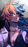  1boy blonde_hair blue_eyes blue_hair claws collarbone dragon_claw dragon_install guilty_gear guilty_gear_strive hair_between_eyes heterochromia highres jacket jacket_on_shoulders ky_kiske looking_at_viewer mako_gai male_focus multicolored_hair open_mouth pectorals red_eyes slit_pupils transformation two-tone_hair upper_body white_jacket 