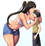  1boy 1girl abs belt belt_buckle black_hair black_pants blue_shorts blush brown_hair buckle closed_eyes cutoffs dark_skin denim denim_shorts hand_on_another&#039;s_head hand_on_another&#039;s_shoulder highres kiss kissing_forehead leaning_forward midriff muscular muscular_female navel original pants ponytail shirt shorts size_difference sports_bra tall_female toothbrushking white_sports_bra yellow_shirt 