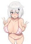  1girl absurdres bare_shoulders bikini blue_eyes blush breasts double_v genshin_impact highres large_breasts looking_at_viewer navel ndrw7522 open_mouth paimon_(genshin_impact) pink_bikini short_hair simple_background swimsuit v white_background white_hair 