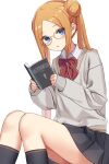  1girl abigail_williams_(fate) absurdres bangs blonde_hair blue_eyes blush book bow bowtie breasts collared_shirt double_bun dress_shirt fate/grand_order fate_(series) forehead glasses grey_legwear grey_skirt highres kneehighs kopaka_(karda_nui) long_hair looking_at_viewer open_book open_mouth parted_bangs shirt sitting skirt small_breasts solo sweater thighs twintails white_shirt white_sweater 