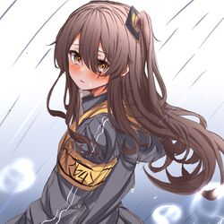  404_logo_(girls&#039;_frontline) absurdres armband bangs black_jacket blush commentary_request dripping eyebrows eyebrows_visible_through_hair from_side girls_frontline grey_hair grey_sky hair_ornament head_tilt highres hood hood_down hooded_jacket jacket long_hair looking_at_viewer nanahosi45 outdoors parted_lips ponytail rain scar scar_across_eye shiny shiny_hair side_ponytail sidelocks ump45_(girls&#039;_frontline) water_drop wet yellow_eyes 