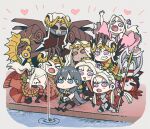  &gt;_&lt; 6+girls absurdres armor armored_dress axe aymr_(fire_emblem) blush byleth_(fire_emblem) byleth_eisner_(female) chibi double_bun edelgard_von_hresvelg fire_emblem fire_emblem:_three_houses fire_emblem_heroes fire_emblem_warriors:_three_hopes fishing fishing_rod flame_emperor garreg_mach_monastery_uniform hegemon_edelgard highres korokoro_daigorou mask multiple_girls multiple_persona official_alternate_costume side_ponytail tiara too_many violet_eyes water weapon 