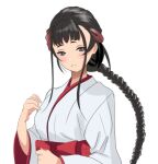  1girl black_eyes black_hair braid brown_hair commentary_request gradient_hair hakama japanese_clothes kantai_collection kimono light_smile long_hair looking_at_viewer mikagami_kagari miko multicolored_hair parted_lips red_hakama simple_background single_braid smile solo upper_body white_background white_kimono yamashio_maru_(kancolle) 