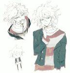  1boy bangs black_jacket blood bong_(0u0bon) brown_eyes chain chained collar danganronpa_(series) danganronpa_another_episode:_ultra_despair_girls frown grin half-closed_eyes highres jacket komaeda_nagito male_focus messy_hair metal_collar nosebleed open_clothes open_jacket rope_marks servant_(danganronpa) shirt short_hair simple_background sketch smile striped striped_shirt teeth 