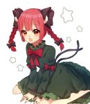  1girl :d animal_ear_fluff animal_ears arm_support bangs barefoot black_bow blunt_bangs blush bow bowtie braid breasts cat_ears dress eyebrows_visible_through_hair frills full_body green_dress hair_bow hair_ribbon happy juliet_sleeves kaenbyou_rin long_hair long_sleeves looking_at_viewer multiple_tails nekomata open_mouth puffy_sleeves red_bow red_bowtie red_eyes redhead renka_(sutegoma25) ribbon simple_background sitting small_breasts smile solo star_(symbol) tail toes touhou tress_ribbon twin_braids twintails two_tails wariza white_background 