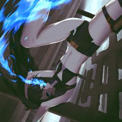  1girl armpits arms_up bare_arms bare_legs bikini bikini_top_only black_bikini black_gloves black_hair black_rock_shooter black_rock_shooter_(character) black_rock_shooter_(dawn_fall) black_shorts blue_eyes closed_mouth fire flaming_eyes flat_chest floating_hair gloves highres holster jack09 long_hair midriff navel outdoors short_shorts shorts solo stomach swimsuit thigh_holster very_long_hair 