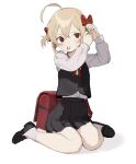  1girl absurdres adjusting_hair ahoge alternate_hairstyle backpack bag black_footwear black_skirt black_vest blonde_hair blush closed_mouth highres long_sleeves mouth_hold randoseru red_eyes rumia sh_(562835932) shirt shoes short_hair simple_background sitting skirt socks solo touhou vest wariza white_background white_legwear white_shirt 