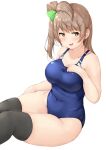  1girl :3 absurdres bangs bare_arms black_legwear blue_swimsuit blush breasts brown_hair collarbone commentary commentary_request covered_navel eyebrows_visible_through_hair hair_ribbon hand_on_own_chest highres long_hair looking_at_viewer love_live! medium_breasts minami_kotori one-piece_swimsuit open_mouth plump ribbon shinonon_(iso_shino) side_ponytail simple_background sitting smile solo swimsuit thigh-highs thighs white_background yellow_eyes 