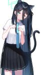  1girl absurdly_long_hair absurdres animal_ear_fluff animal_ears arisu_(blue_archive) black_hair black_hairband black_skirt blue_archive blue_eyes blue_necktie blush breasts cat_ears cat_tail collared_shirt cowboy_shot eyes_visible_through_hair hair_ornament hair_over_one_eye hairband halo highres kemonomimi_mode long_bangs long_hair looking_at_viewer necktie no_jacket one_side_up paw_pose pleated_skirt shirt shirt_tucked_in short_sleeves simple_background skirt small_breasts smile solo tail takechii tie_clip very_long_hair white_background white_shirt 