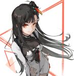  1girl bangs black_hair bodystocking breasts closed_mouth collarbone covered_navel dress eyebrows_visible_through_hair feet_out_of_frame from_above girls_frontline hair_ornament hairclip hand_on_hip highres long_hair long_sleeves looking_at_viewer medium_breasts orange_eyes qbz-191_(girls&#039;_frontline) shuzi side_ponytail simple_background smile solo standing white_dress 