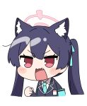  1girl animal_ear_fluff animal_ears black_hair blazer blue_archive blue_jacket blue_necktie blush_stickers cat_ears chibi clenched_hand fang furrowed_brow halo id_card jacket junsuina_fujunbutsu necktie open_mouth red_eyes serika_(blue_archive) simple_background solo twintails upper_body white_background 