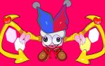  black_eyes brown_footwear chromatic_aberration claws commentary_request fangs fur-trimmed_headwear happy hat heart hexagon jester_cap kirby_(series) kirby_super_star kureson_(hayama_baa) marx multicolored_clothes multicolored_headwear neck_ribbon no_humans open_mouth pom_pom_(clothes) red_background red_ribbon ribbon shoes simple_background smile solo straight-on symmetry tongue wall-eyed wings yellow_wings 