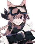  1girl :d animal_ears arknights black_jacket black_neckerchief brown_hair cardigan_(arknights) clenched_teeth dog_ears gloves goggles goggles_on_head hair_between_eyes hands_up highres jacket looking_at_viewer multicolored_hair neckerchief purple_hair simple_background smile solo streaked_hair teeth tetuw upper_body violet_eyes white_background white_gloves 