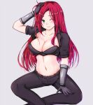  1girl bangs black_gloves black_jacket black_pants blush breasts collarbone cropped_jacket feet_out_of_frame gloves grey_background hand_up highres jacket katarina_(league_of_legends) large_breasts league_of_legends navel one_eye_closed pants popoman redhead shiny shiny_hair simple_background sitting solo 