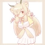  1girl animal_ear_fluff arms_behind_back bangs blush brown_background brown_eyes brown_hair closed_mouth commentary_request dress eyebrows_visible_through_hair hair_over_one_eye highres kemono_friends leaning_forward looking_at_viewer ox_ears ox_girl ox_horns pleated_dress puffy_short_sleeves puffy_sleeves shirt short_sleeves sleeveless sleeveless_dress smile solo standing sunanuko_(ramuneko) two-tone_background white_background white_dress yak_(kemono_friends) yellow_shirt 