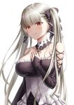  1girl azur_lane bangs black_dress blush breasts closed_mouth collarbone dress earrings eyebrows_visible_through_hair formidable_(azur_lane) hair_ribbon hand_on_own_chest highres jewelry large_breasts long_hair looking_at_viewer naga_(pixiv70891418) platinum_blonde_hair red_eyes ribbon smile solo standing twintails white_background 