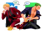  2boys back-to-back blonde_hair cigarette drawing_sword fighting_stance fire formal green_hair grin highres holding holding_sword holding_weapon male_focus multiple_boys necktie one_piece roronoa_zoro sanji smile smoking speech_bubble suit sword weapon yuu_shishio 