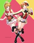  2girls artist_name black_footwear boots breasts full_body grin hair_ornament hat highres hoshizora_rin knee_boots koizumi_hanayo light_brown_hair long_sleeves looking_at_viewer love_live! medium_breasts mini_hat multicolored_background multiple_girls nakano_maru orange_hair parted_lips ribbon_hair short_sleeves skirt smile teeth violet_eyes white_headwear white_skirt yellow_eyes 